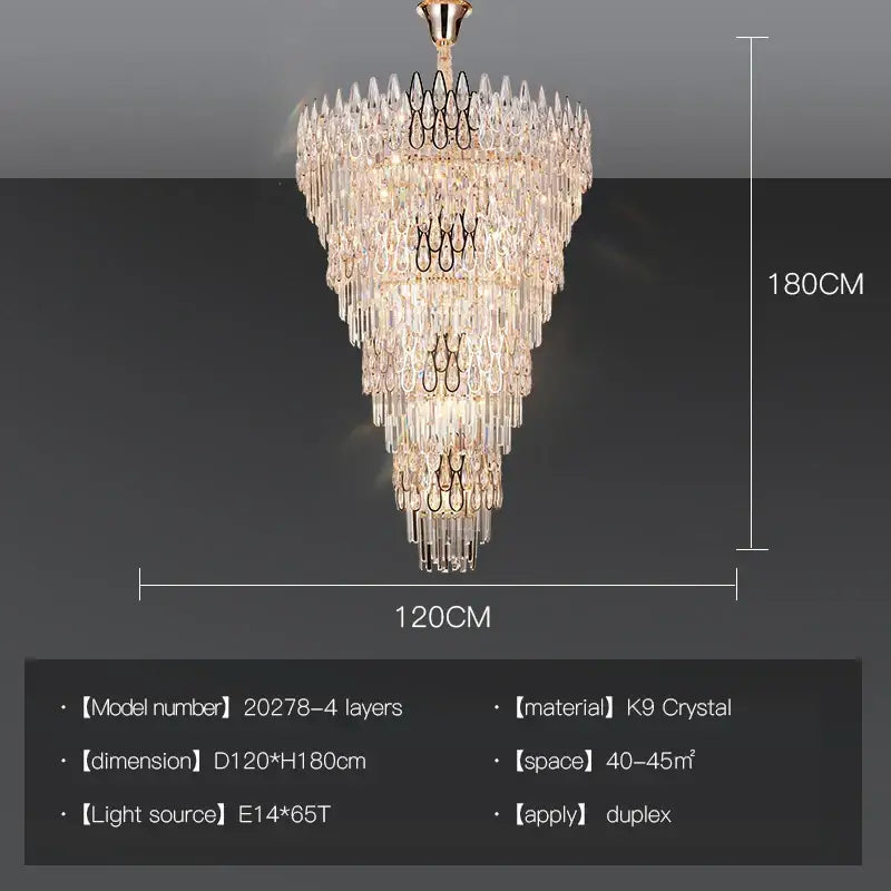 Modern luxury decorbites crystal led chandelier with cascading k9 crystal prisms and gold metal frame, 180cm height