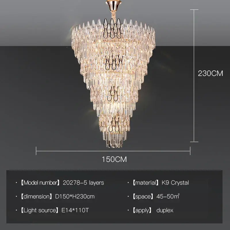 Modern luxury decorbites crystal led chandelier with cascading k9 crystals and gold metal frame for stairway villa light