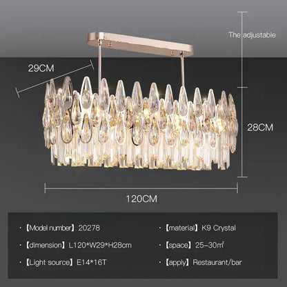 Modern luxury crystal led chandelier stairway villa light with oval rose gold frame and cascading decorbites crystal teardrops