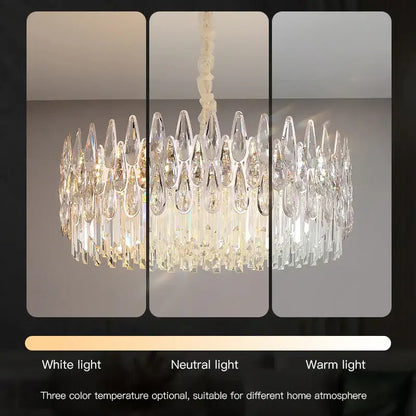 Modern luxury decorbites crystal led chandelier with teardrop glass prisms and braided white cord suspension