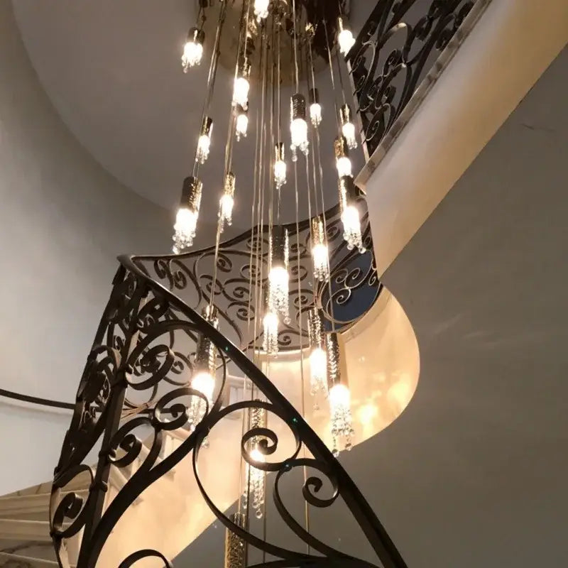 Modern luxury crystal led staircase chandelier with exposed bulbs and black wrought iron decorbites crystal led design