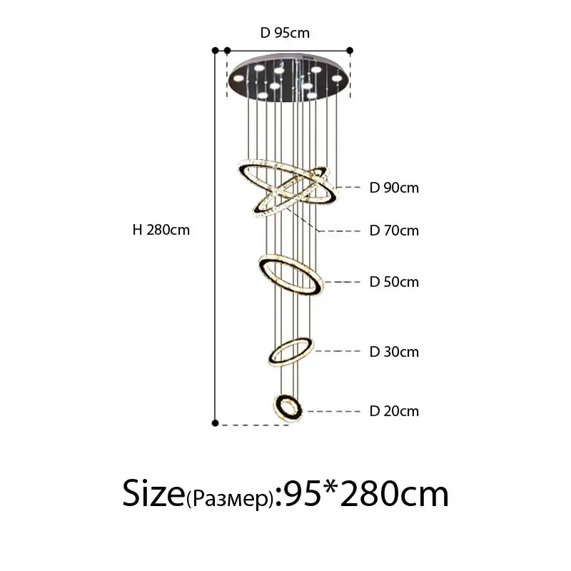 Modern luxury crystal rings chandelier with multiple glowing decorbites crystal rings for staircase lighting fixture