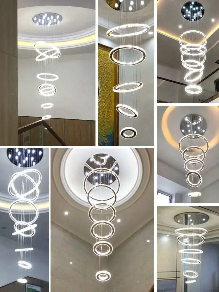 Modern luxury decorbites crystal rings chandelier with glowing circular rings for staircase lighting fixture