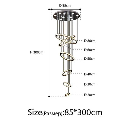A modern luxury crystal rings chandelier with metallic spiral concentric rings and embedded lights for staircase decorbites crystal rings
