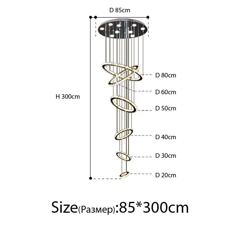 A modern luxury crystal rings chandelier with metallic spiral concentric rings and embedded lights for staircase decorbites crystal rings