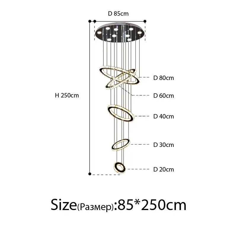 Modern luxury crystal rings chandelier staircase lighting fixture with polished metal spiral decorbites crystal rings design