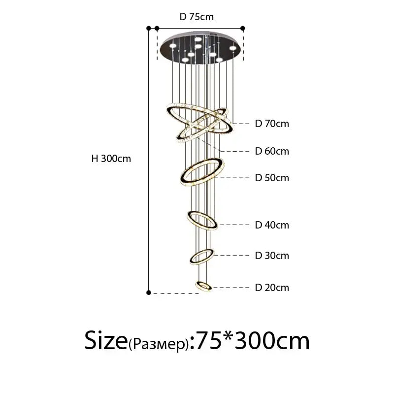 A modern luxury decorbites crystal rings chandelier with tiered concentric rings and circular ceiling mount for staircase lighting