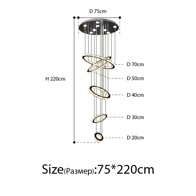 Modern luxury crystal rings chandelier with gold-toned spiral tiers and black ceiling mount for staircase lighting decorbites crystal rings