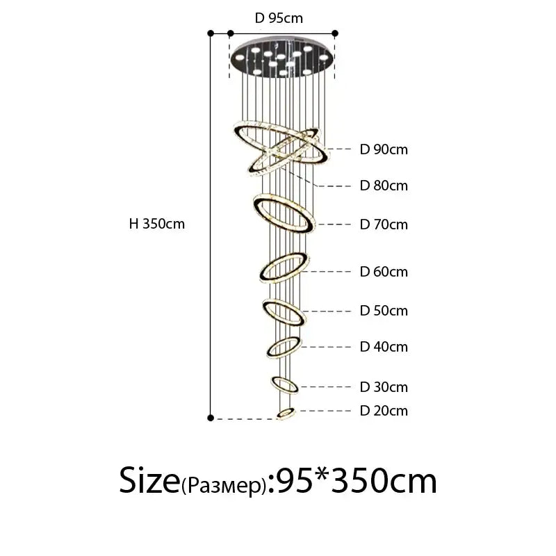 Modern luxury decorbites crystal rings chandelier with sleek metallic spiral rings and embedded led lights for staircase lighting