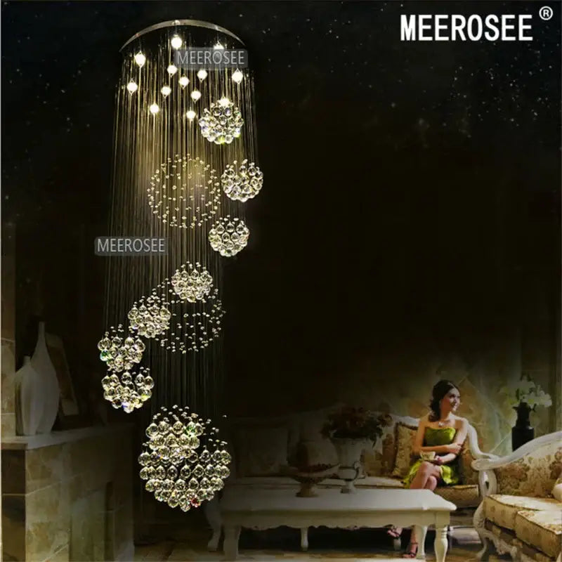 Meerosee modern luxury crystal staircase chandelier with cascading spherical clusters and dangling beads pendant light