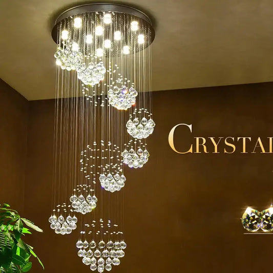 Modern luxury crystal staircase chandelier with cascading clear faceted glass beads and black ceiling mount decorbites crystal staircase