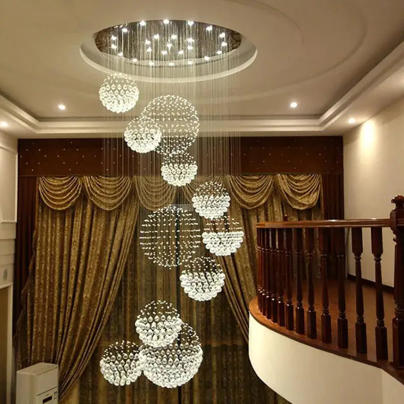 Modern luxury crystal staircase chandelier pendant with cascading clear glass bead clusters for elegant decorbites decor