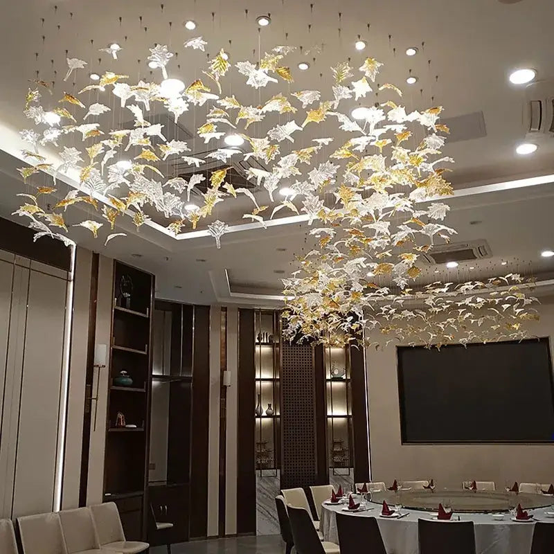 Modern luxury glass high ceiling led chandelier with white and gold translucent glass leaves for elegant decorbites glass high use