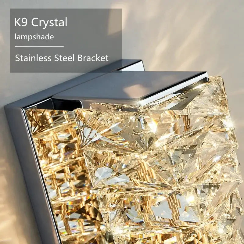 Modern luxury gold and crystal led wall light with k9 crystal lampshade and stainless steel bracket for living room