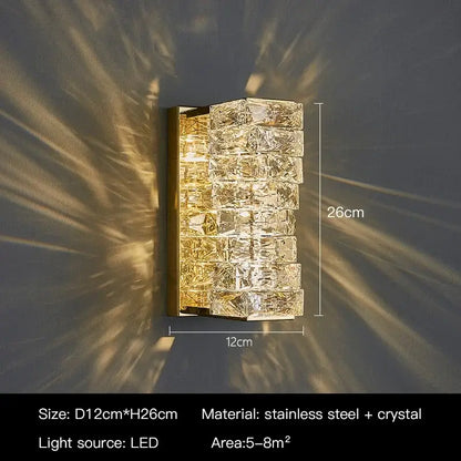 Modern luxury gold and crystal led wall light with stacked faceted crystals in stainless steel frame for living room