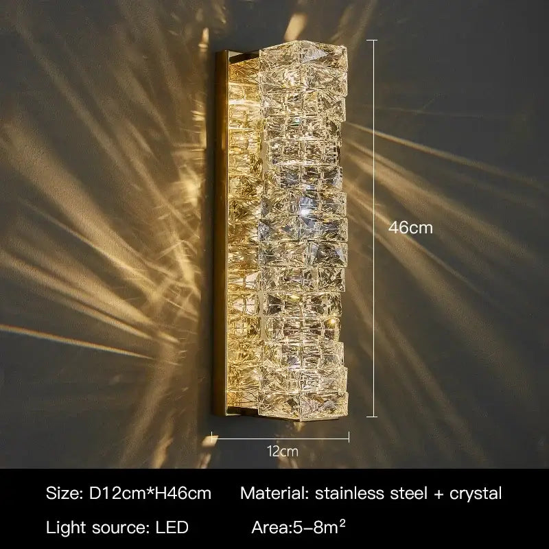 Modern luxury gold and crystal led wall light with rectangular stacked faceted crystals in stainless steel frame
