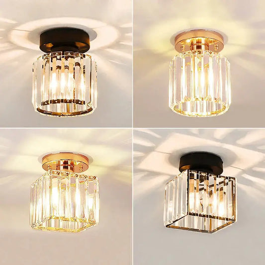 Modern luxury gold and black crystal aisle ceiling light with clear glass prisms in cylindrical and square frames for decorbites crystal aisle corridor