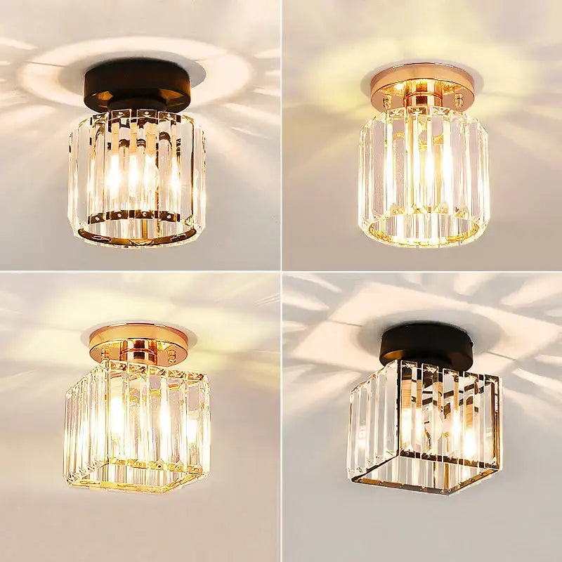 Modern luxury gold and black crystal aisle ceiling light with clear glass prisms in cylindrical and square frames for decorbites crystal aisle corridor