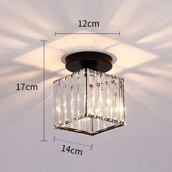 Modern luxury gold and black crystal aisle ceiling light featuring a clear crystal rectangular design with black metal base