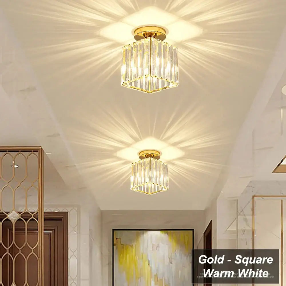 Modern luxury gold and black crystal aisle ceiling light with clear crystal facets and warm white illumination for corridors