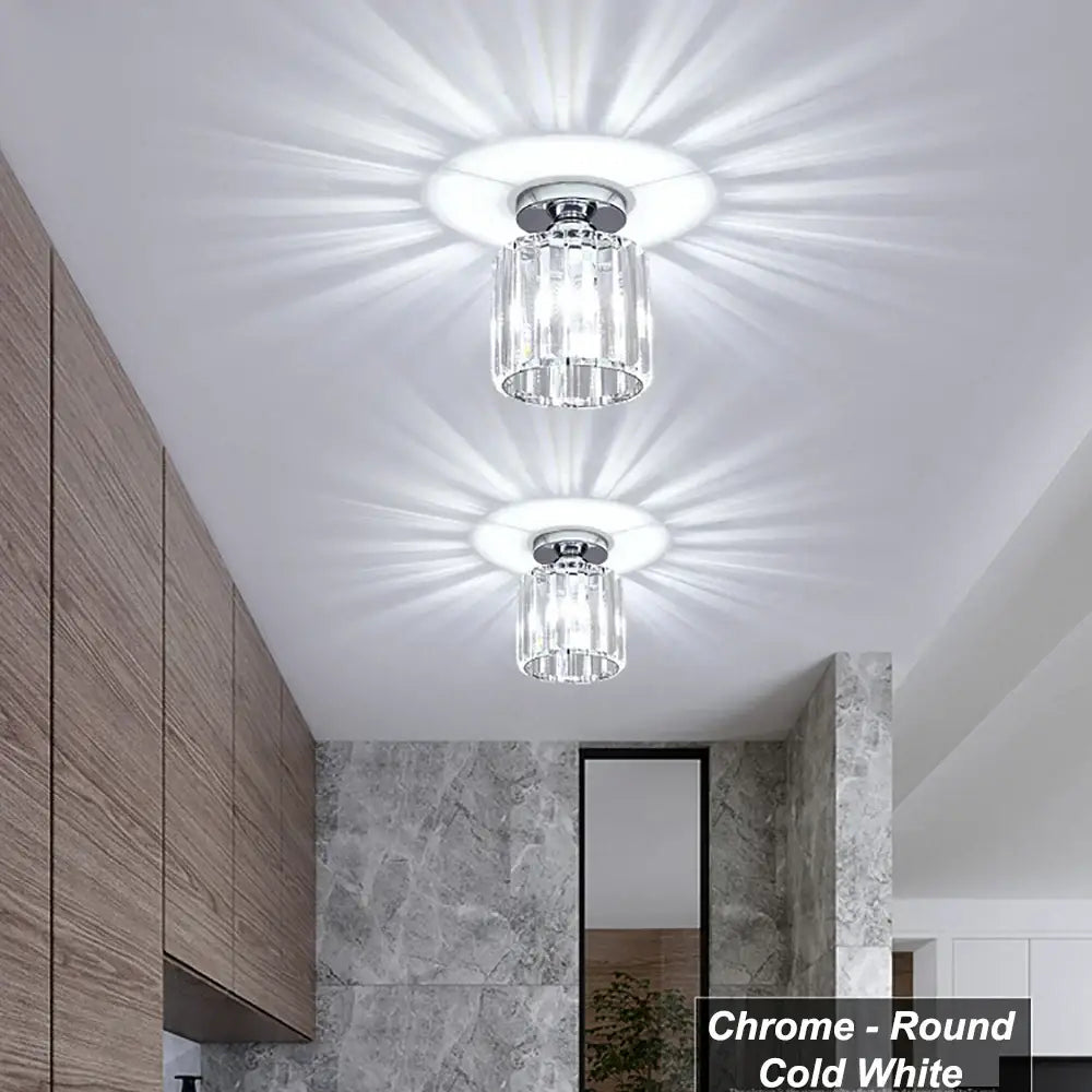Chrome-finished round ceiling light with clear crystal glass and cold white illumination for decorbites crystal aisle corridor