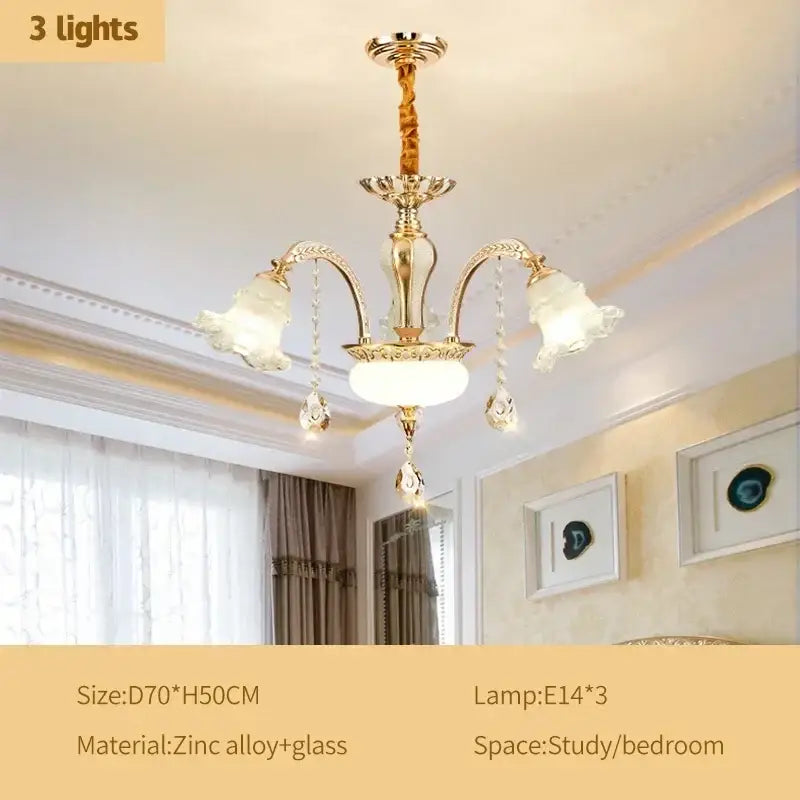 Modern luxury gold crystal ceiling chandelier with three frosted glass shades and crystal droplets in zinc alloy decorbites crystal ceiling