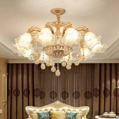 Modern luxury gold crystal ceiling chandelier with ornate crystal droplets and frosted glass lampshades for decorbites crystal ceiling decor
