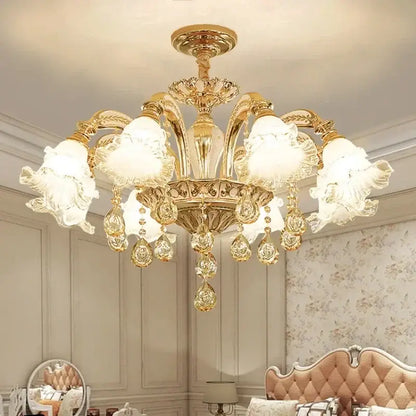 Modern luxury gold crystal ceiling chandelier featuring ornate floral glass shades and dangling crystal droplets