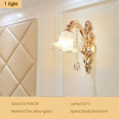 Gold-toned ornate wall sconce with frosted glass flower shade and crystal accents for modern luxury crystal ceiling decorbites chandelier