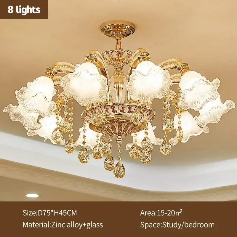 Modern luxury gold crystal ceiling chandelier with eight frosted glass flower shades and dangling crystal pendants