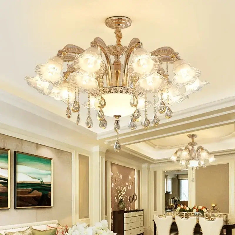 Modern luxury gold crystal ceiling chandelier with flower-shaped frosted glass shades for living room decorbites crystal ceiling