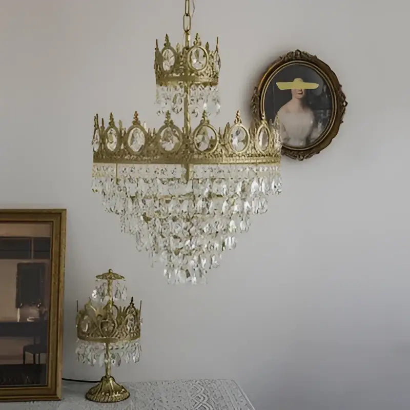 Modern luxury gold crystal crown chandelier with cascading crystal droplets for elegant living room decorbites crystal crown