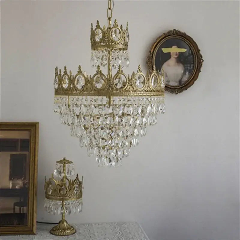 Modern luxury gold crystal crown chandelier with cascading clear crystal droplets for living room decorbites crystal crown