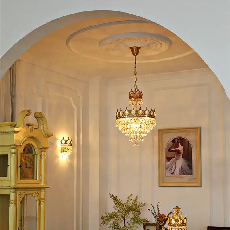 Modern luxury gold crystal crown chandelier with cascading crystal droplets for living room decorbites crystal crown