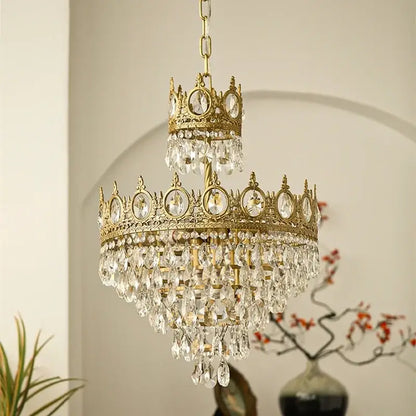 Modern luxury gold crystal crown chandelier with clear crystal droplets and ornate detailing for living room decorbites crystal crown