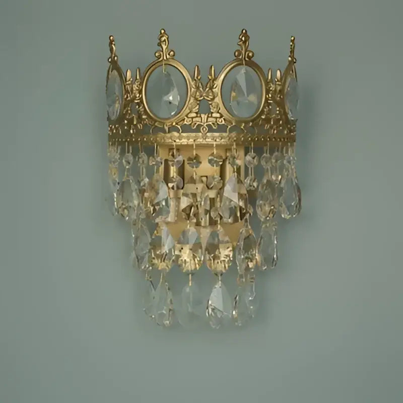 Gold-toned decorbites crystal crown wall sconce with clear crystal droplets and oval-cut crystals for living room decor