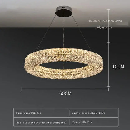 Modern luxury gold crystal led ceiling chandelier with two concentric rings and adjustable stainless steel cord decorbites crystal led