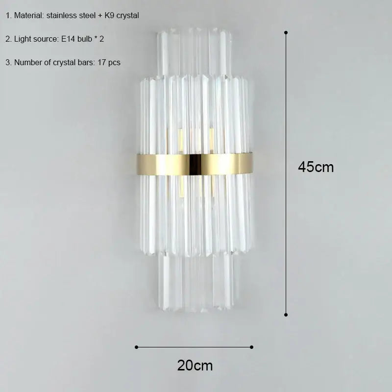 Modern luxury gold crystal led wall lamp with 17 clear crystal bars and stainless steel band ideal for bedroom decorbites crystal led