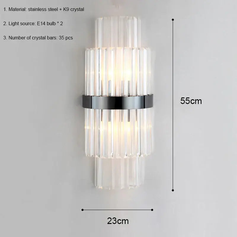 Modern luxury gold crystal led wall lamp with vertical crystal bars and stainless steel frame for bedroom decorbites crystal led