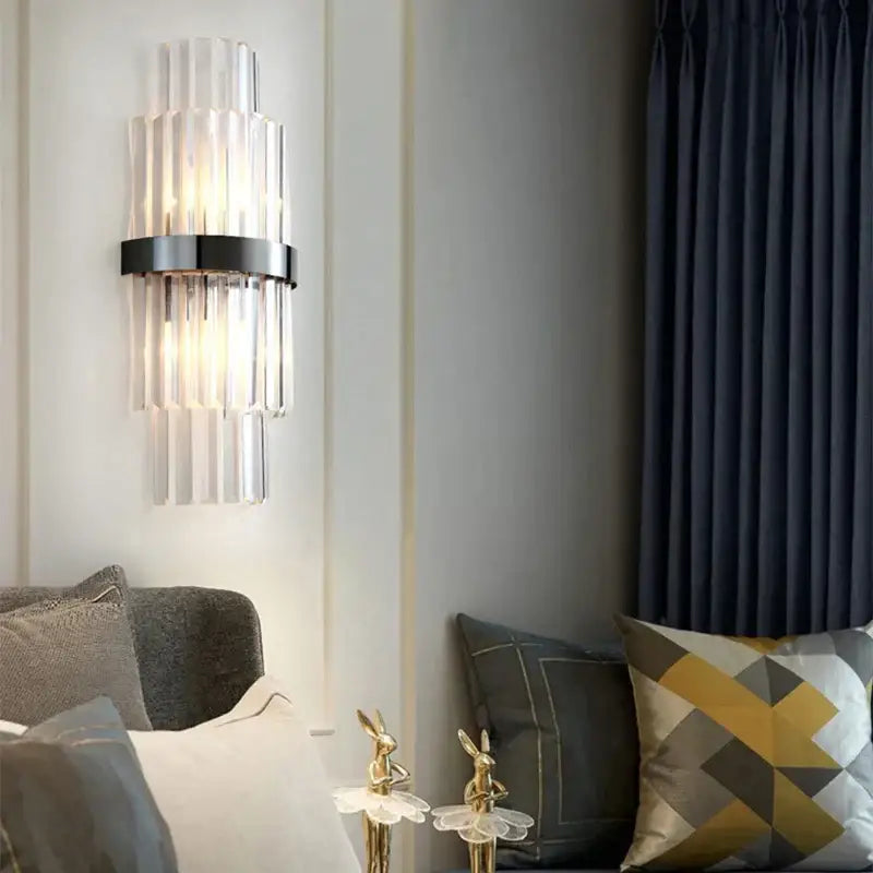 Modern luxury wall lamp with vertical clear crystal rods and black metal band decorbites crystal led wall lighting
