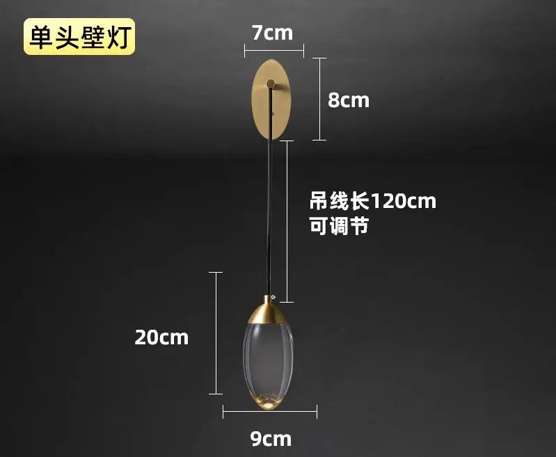 Gold-toned modern luxury crystal led wall light with clear glass teardrop shade and adjustable black cord for bedroom decorbites crystal led