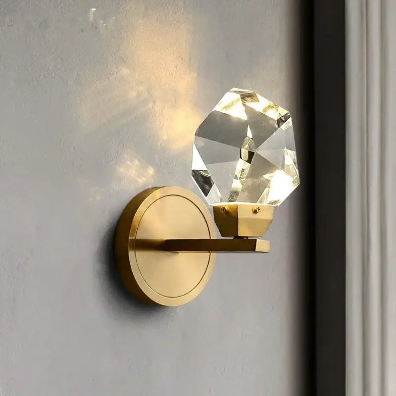 Modern luxury gold crystal led wall sconce with faceted crystal globe for bedroom decorbites crystal led copper lighting