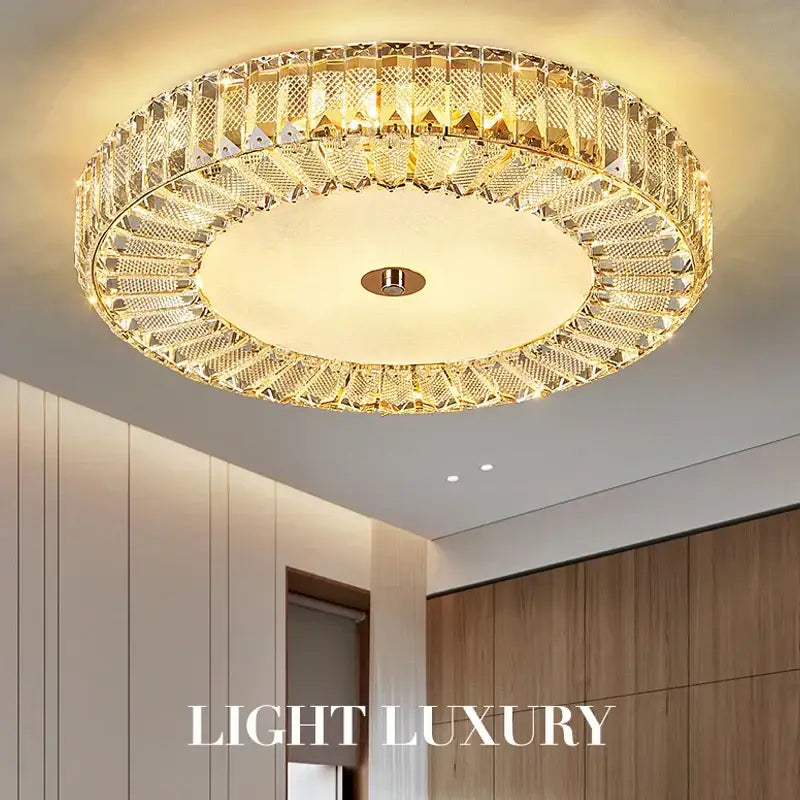 Modern luxury gold crystal round ceiling lamp featuring faceted crystals for living room decorbites crystal round lighting