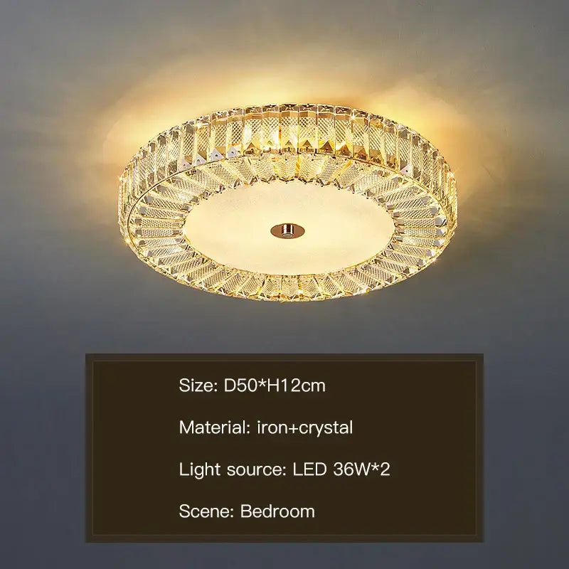 Modern luxury gold crystal round ceiling lamp with gold-toned iron frame and clear crystal facets decorbites crystal round