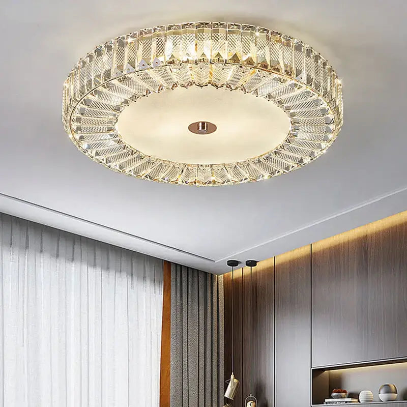 Modern luxury gold decorbites crystal round ceiling lamp with faceted crystals and warm diffused glow for living room lighting
