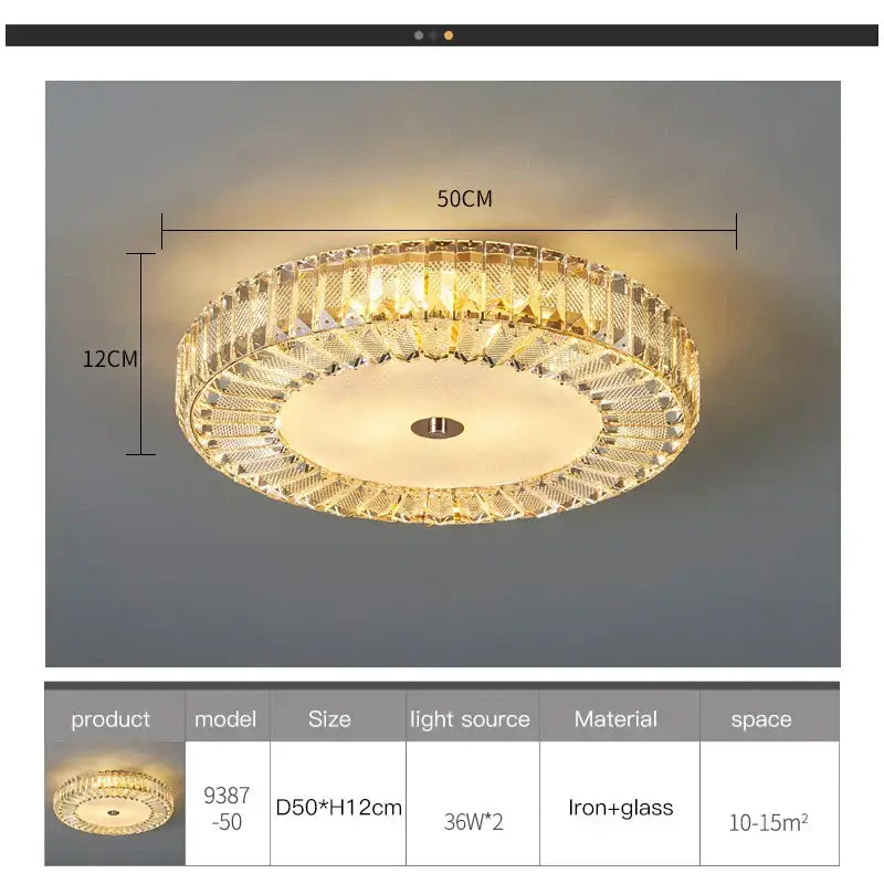 Modern luxury gold crystal round ceiling lamp with gold-toned iron frame and decorbites crystal round accents