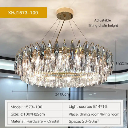 Gold-toned decorbites crystal atmosphere chandelier with cascading crystal teardrops in a modern luxury dining room design