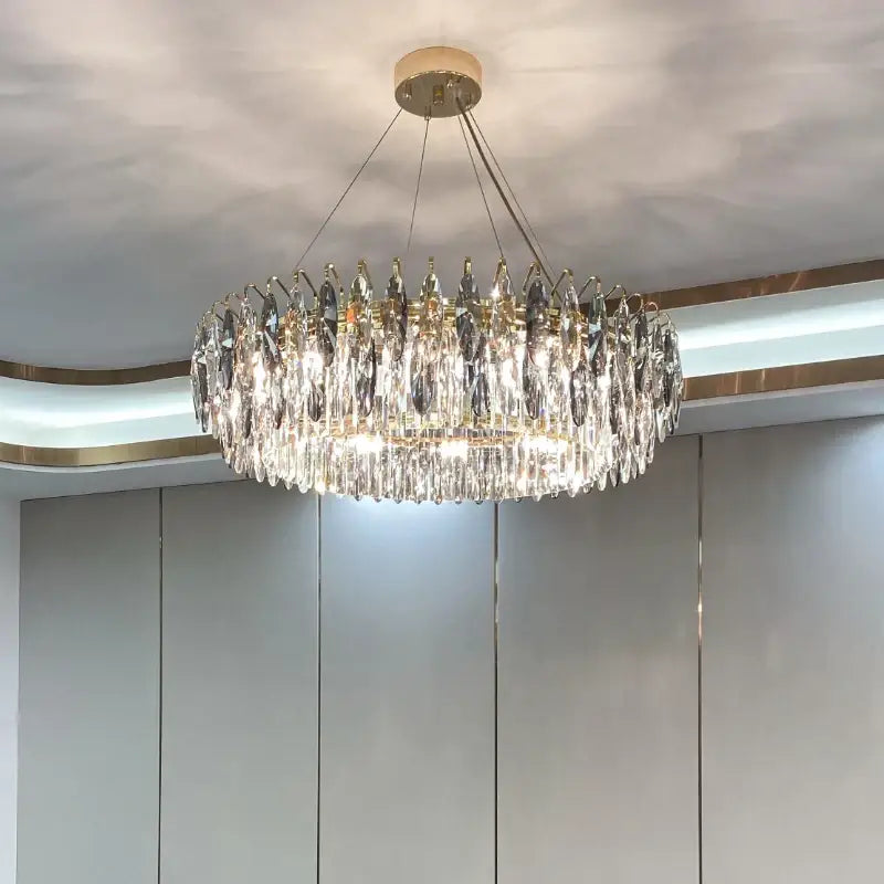 Modern luxury gold decorbites crystal atmosphere chandelier with cascading clear crystal droplets for dining room use