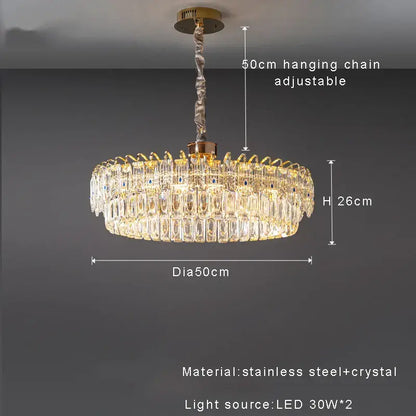 A modern luxury gold double crystal ceiling chandelier with a golden stainless steel frame and clear faceted crystals