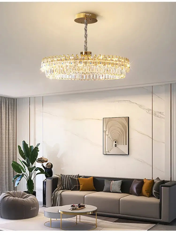 Modern luxury gold double crystal ceiling chandelier with circular tiers of clear prisms for the living room